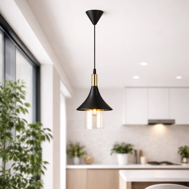 Evidea Evidea Lighting Gold Detaylı Camlı Metal Sarkıt - Siyah / Altın - 26 cm ürün görseli